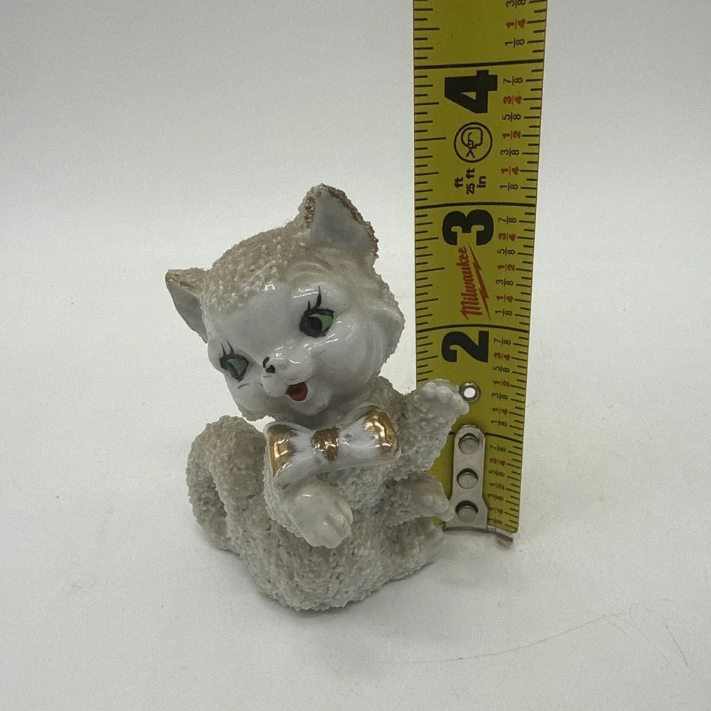 Spaghetti Sugar Texture White Cat Kitten Figurine Gold Bow Kitschy Vintage Japan